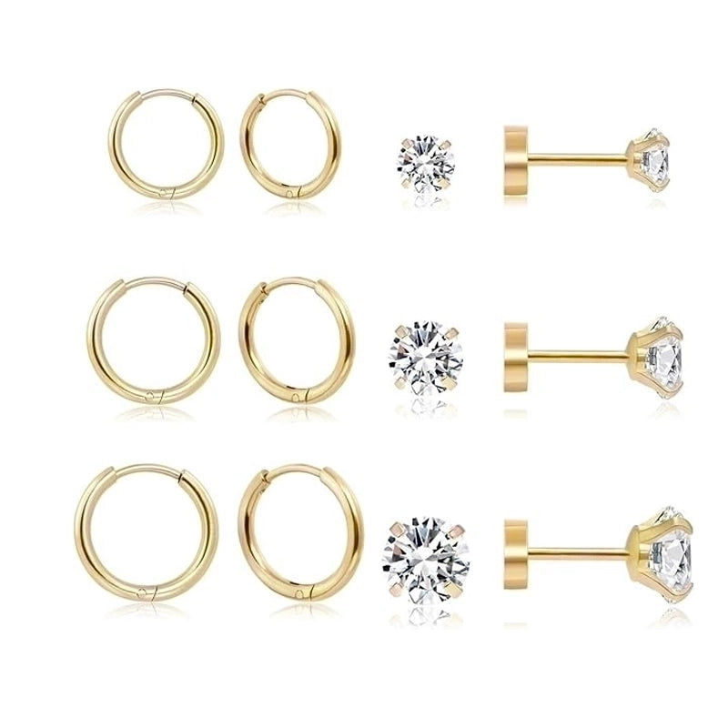 6 Pairs Minimalist Geometric Plating Inlay 304 Stainless Steel Zircon 14K Gold Plated Earrings
