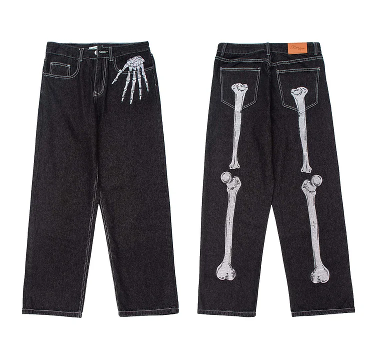 Skeleton Embroidered Jeans Hip Hop Loose Straight Jeans at Hiphopee