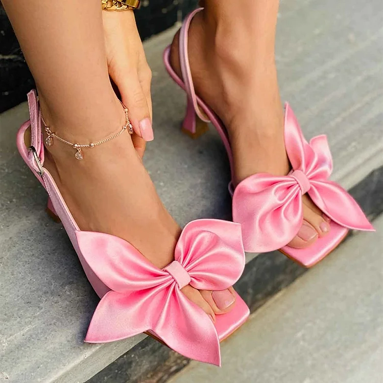 Pink Square Toe Kitten Heels Classic Slingback Sandal Office Bow Shoes |FSJ Shoes