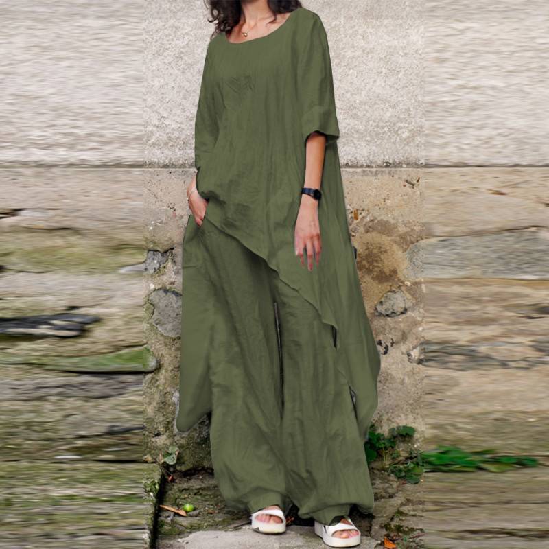 Casual Loose Irregular Hem Round Neck Top&Pants Set