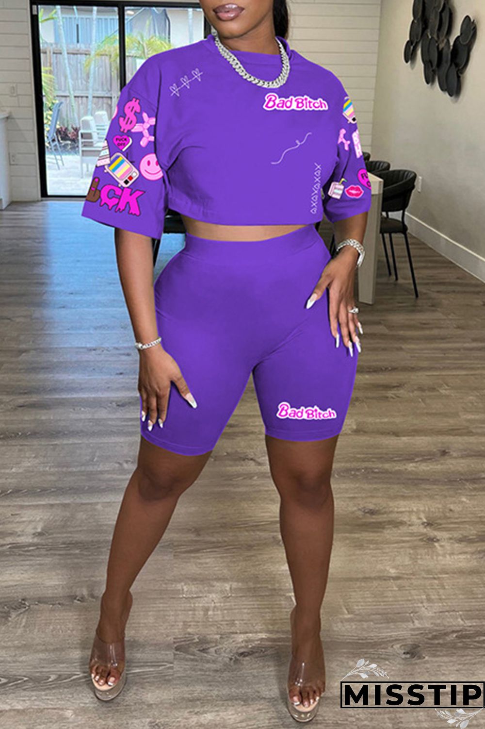 White Casual Print Basic O Neck Half Sleeve Two Pieces