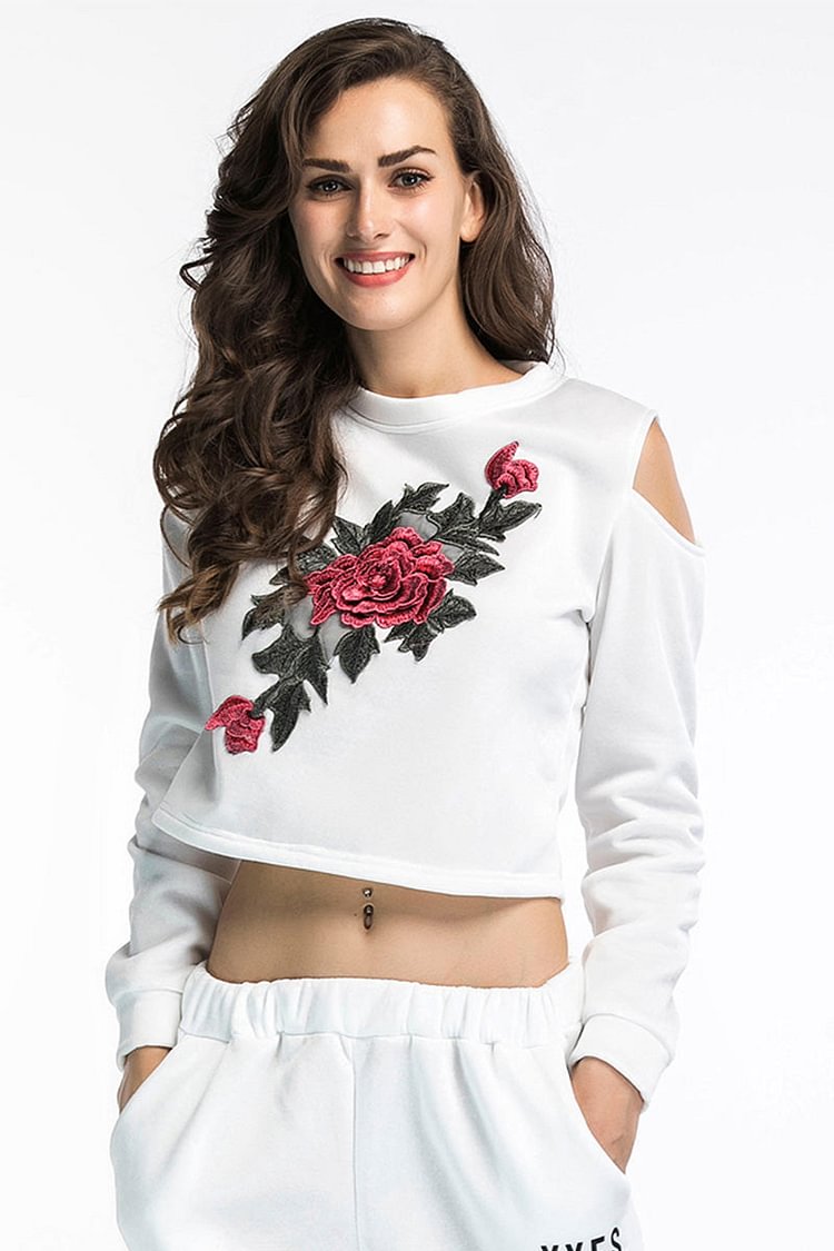 White Off-the-shoulder Flower Embroidered Sweatshirt - BlackFridayBuys