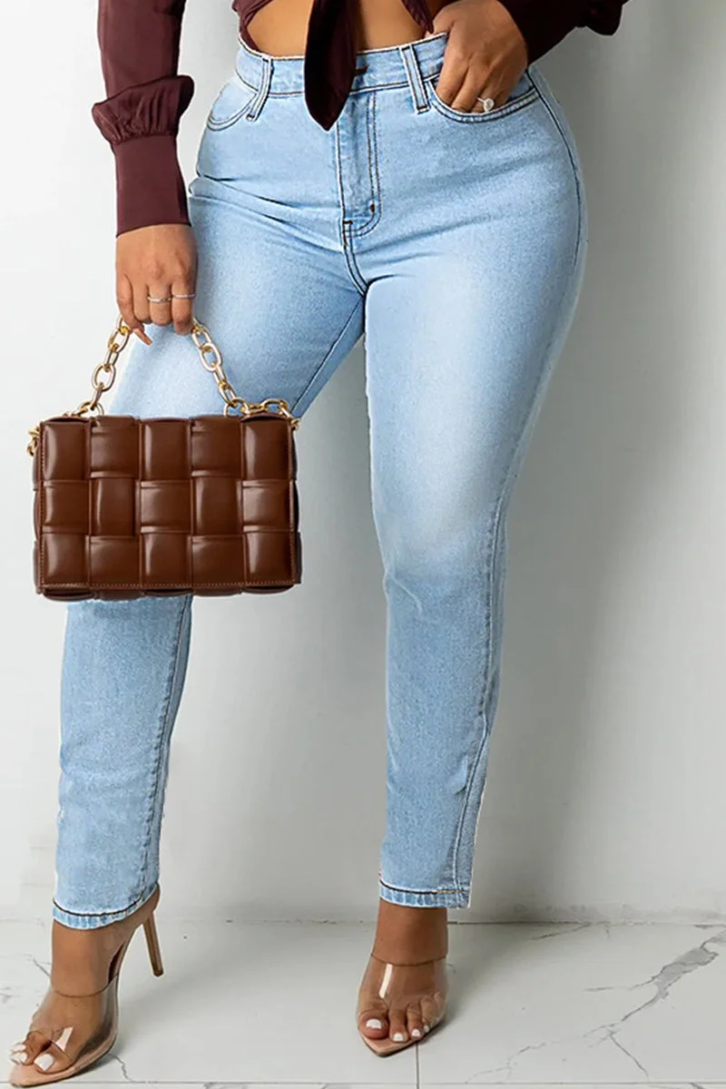 Fashion Casual Solid Patchwork Zipper High Waist Skinny Denim Jeans