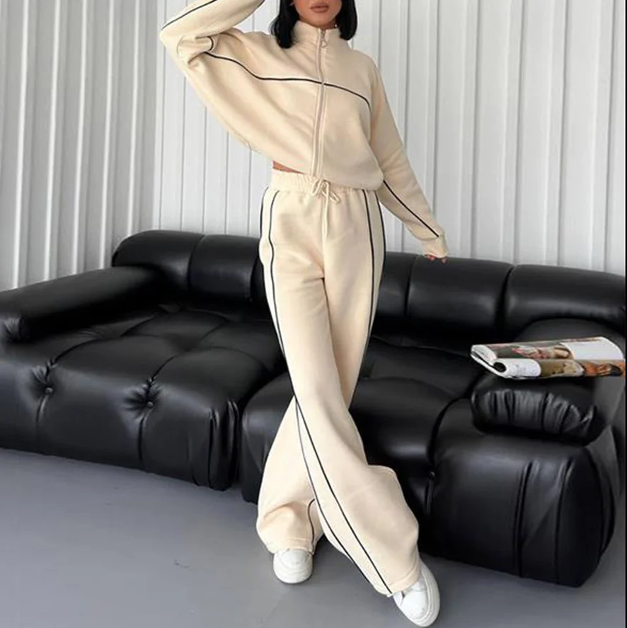 Casual Set Long Sleeve Half High Neck Cardigan Sweatshirt Lace Up Striped Pants