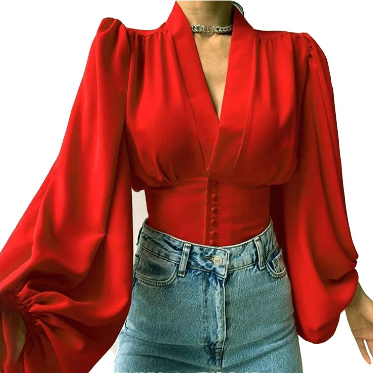 Uveng Uveng Explosion Spring New Temperament Button V-Neck Lantern Sleeve T-Shirt