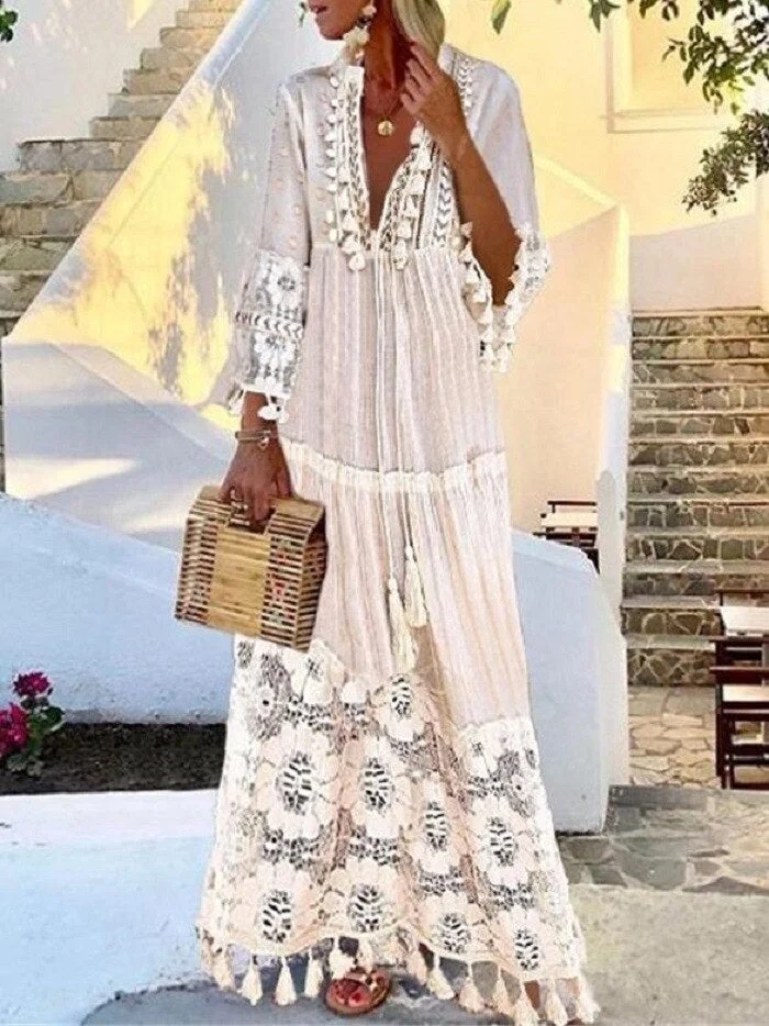 Tassel Sexy Boho Long Dress Women 2019 Fall Solid Hollow Out V-Neck Lace sexy Dresses bohemian style Plus Size Dress vestidos 103