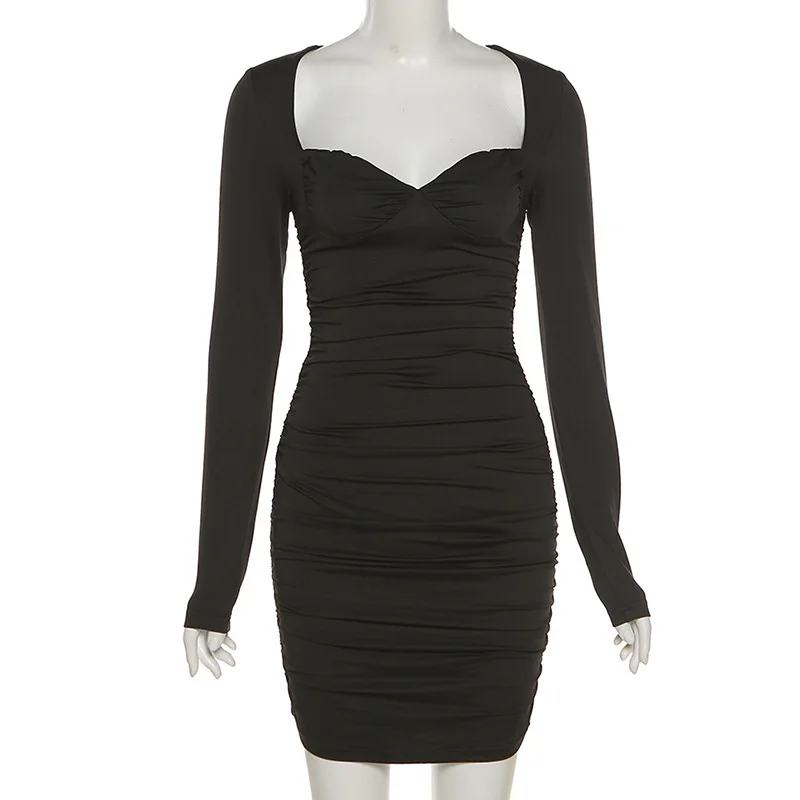 Autumn Solid  Elastic Slim Dress Women's Square Collar Long Sleeve Street Casual Fashion Mini Bodycon Dresses Lady.
