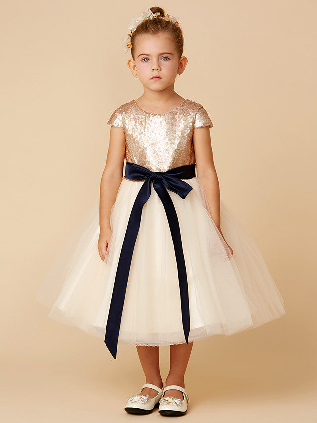 Oknass Short Sleeve Jewel Neck Flower Girl Dress Tulle With Sash Ribbon  Bow Sequins