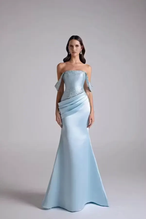 Lussooy Shinning Sky Blue Satin Off the Shoulder Mermaid Beaded Floor Length Prom Dress 