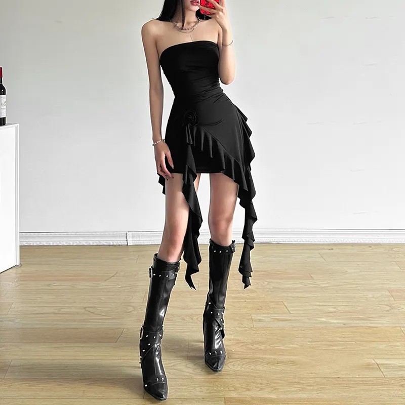 Churchf 2024 Summer New Women's Fashion Sexy Belt Wrapped Chest Irregular Side Dress