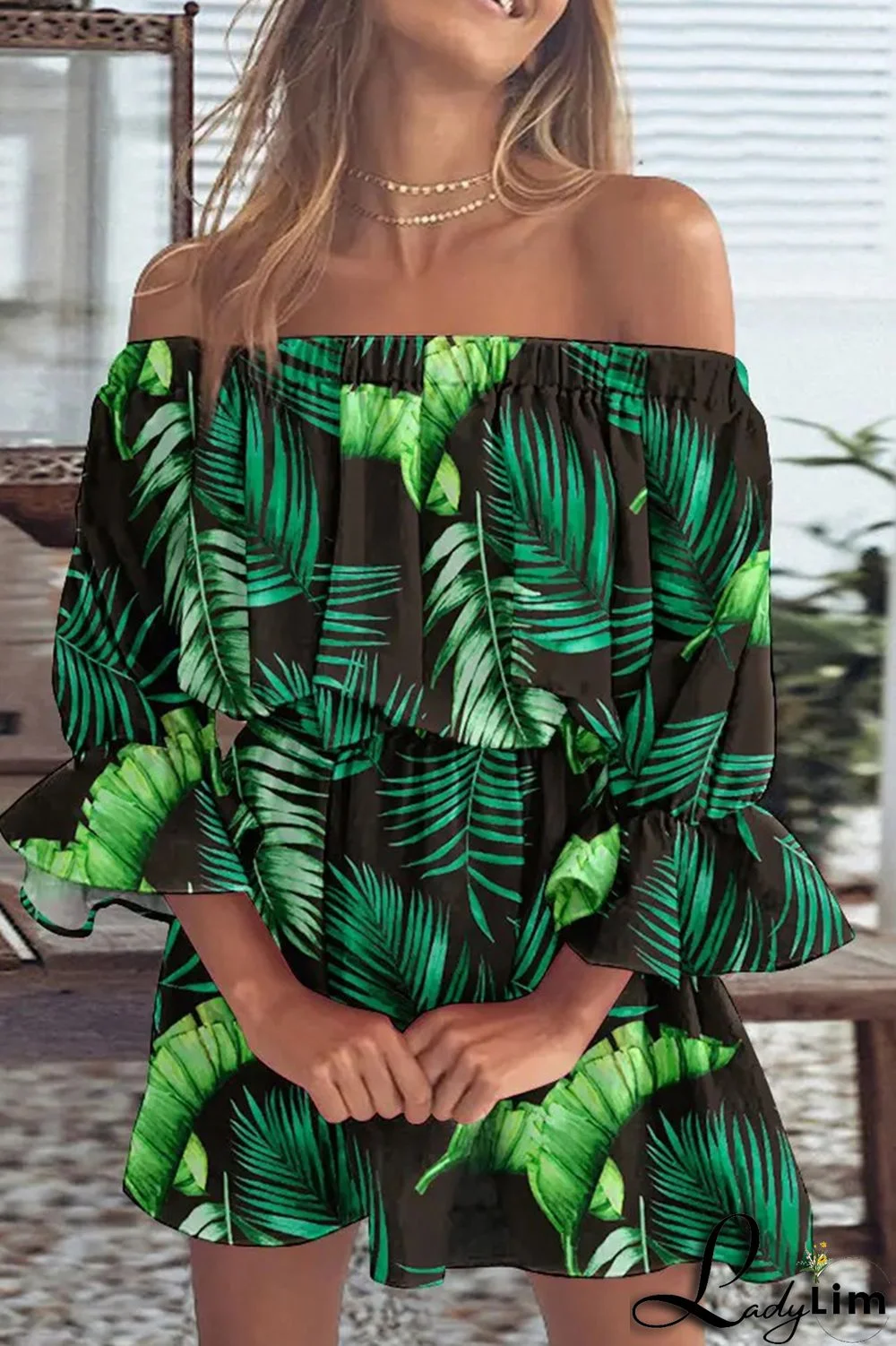 Green Fashion Casual Print Backless Off the Shoulder A Line Dresses