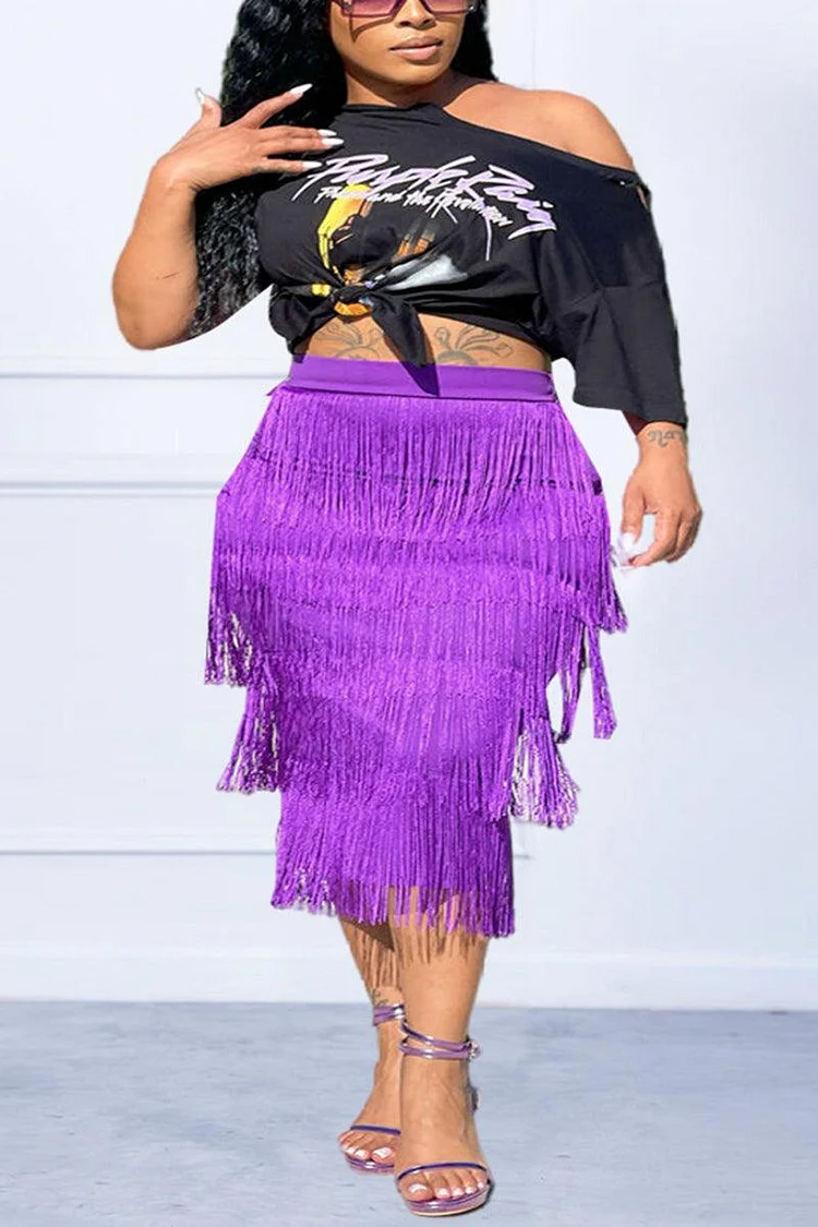 Xpluswear Plus Size Casual Graphic Print One Shoulder Fringe Two Pieces Midi Skirts Set