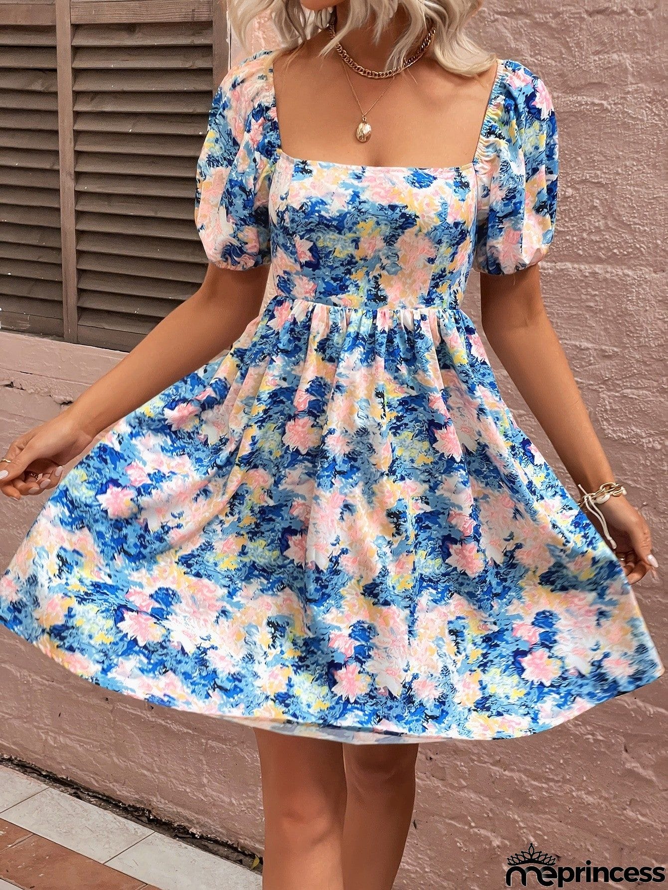 Floral Square Neck Puff Sleeve Dress