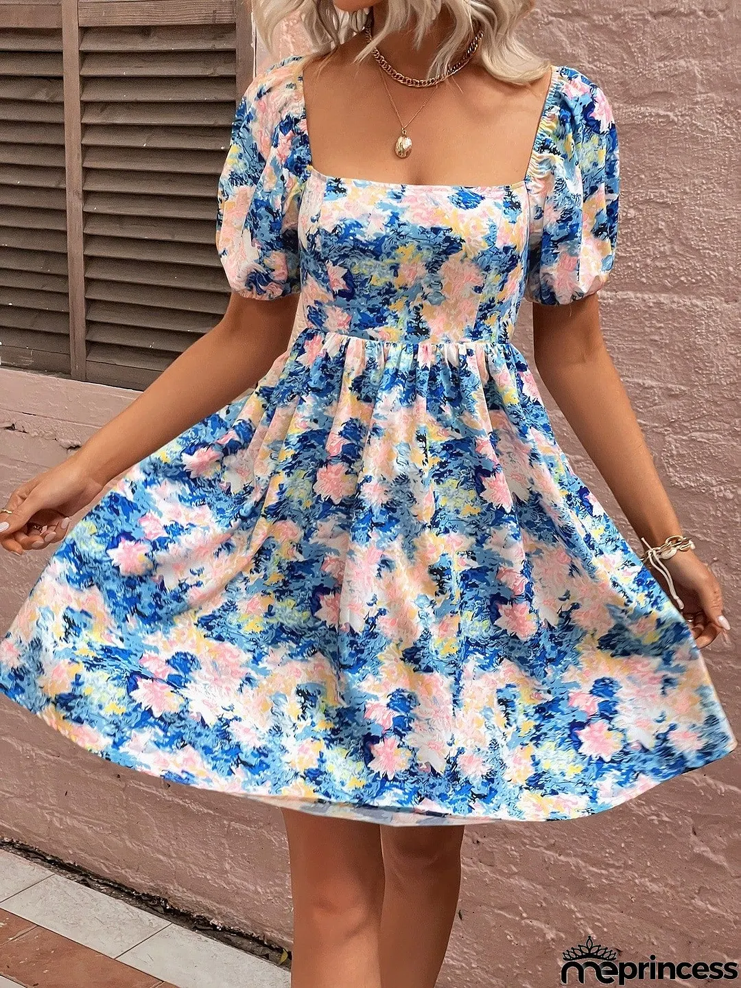 Floral Square Neck Puff Sleeve Dress