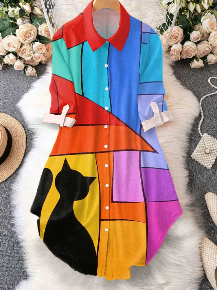 Women's Fun Abstract Colorblock Black Cat Art Print Shirt Mini Dress