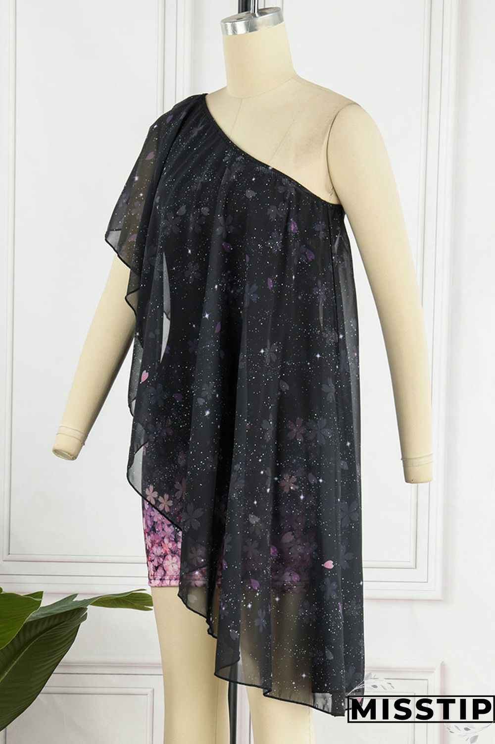 Black Pink Sweet Elegant Print Patchwork Asymmetrical Oblique Collar Dresses