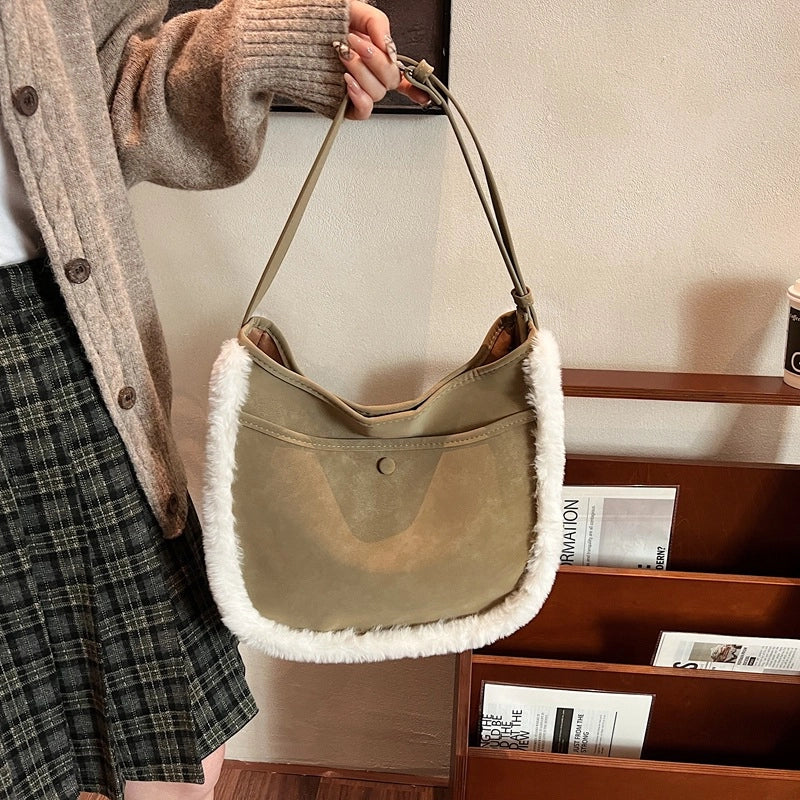 Women’s Medium Suede Solid Color Streetwear Square Magnetic Buckle Tote Bag