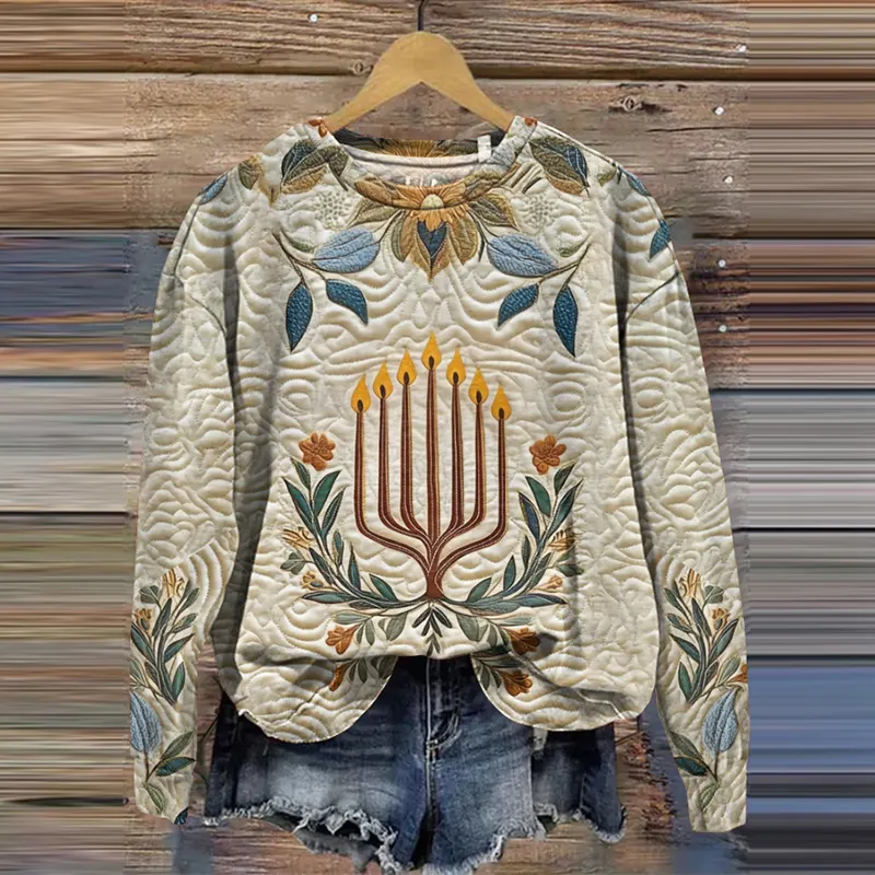 Women's Hanukkah Print Crew Neck Casual Sweatshirt