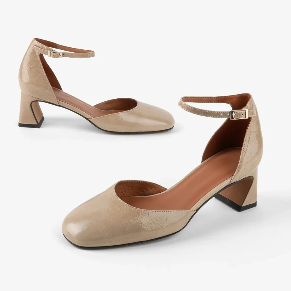 Fashion Square Toe Chunky Heel Ankle Strap Pumps Shoes in Nude