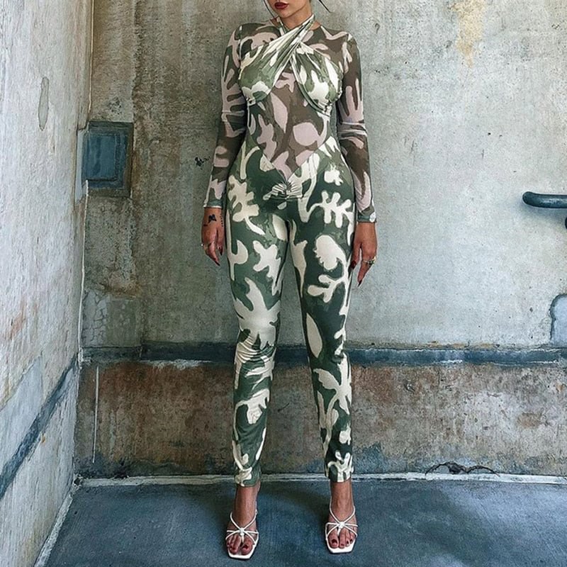 Women Casual Streetwear Full Sleeved Aesthetic Print Jumpsuits Criss-cross Halter O Neck Skinny Jumpsuit Long Elegant