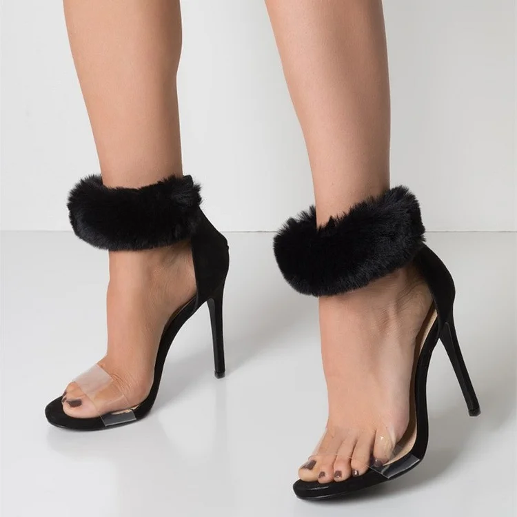 Black Fur Ankle Strap Sandals Open Toe Stiletto Heels Clear Shoes |FSJ Shoes