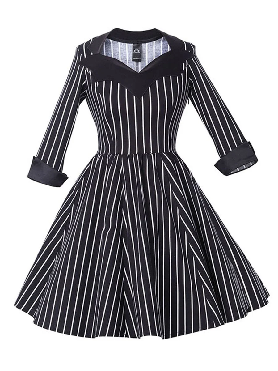 Elegant Long Sleeve Dress Black Striped Patchwork A-line Dress