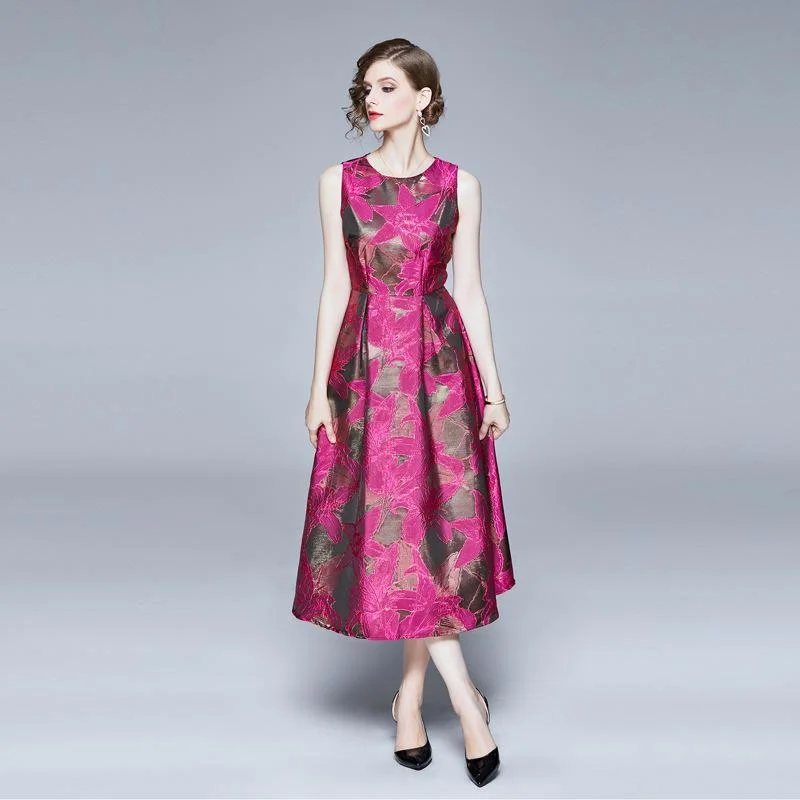 High waist big swing temperament jacquard round neck sleeveless dress