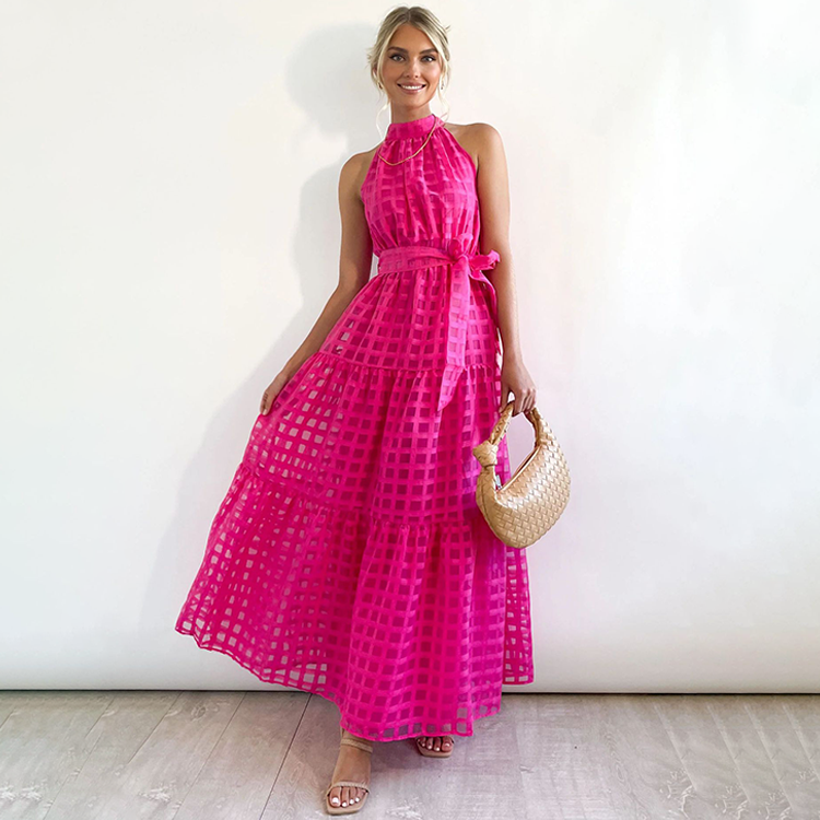 Off Shoulder Plaid Printed Pink Maxi Dress