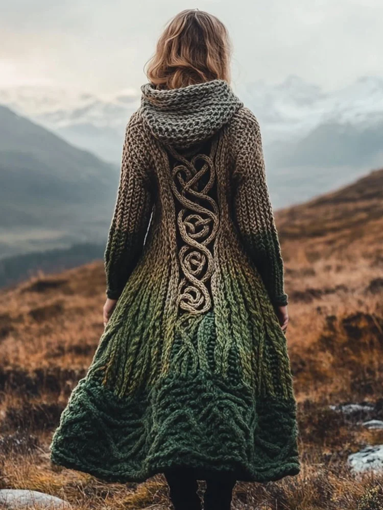VChics Women's Vintage Contrast Color Celtic Knot Chunky Knit Hooded Cardigan
