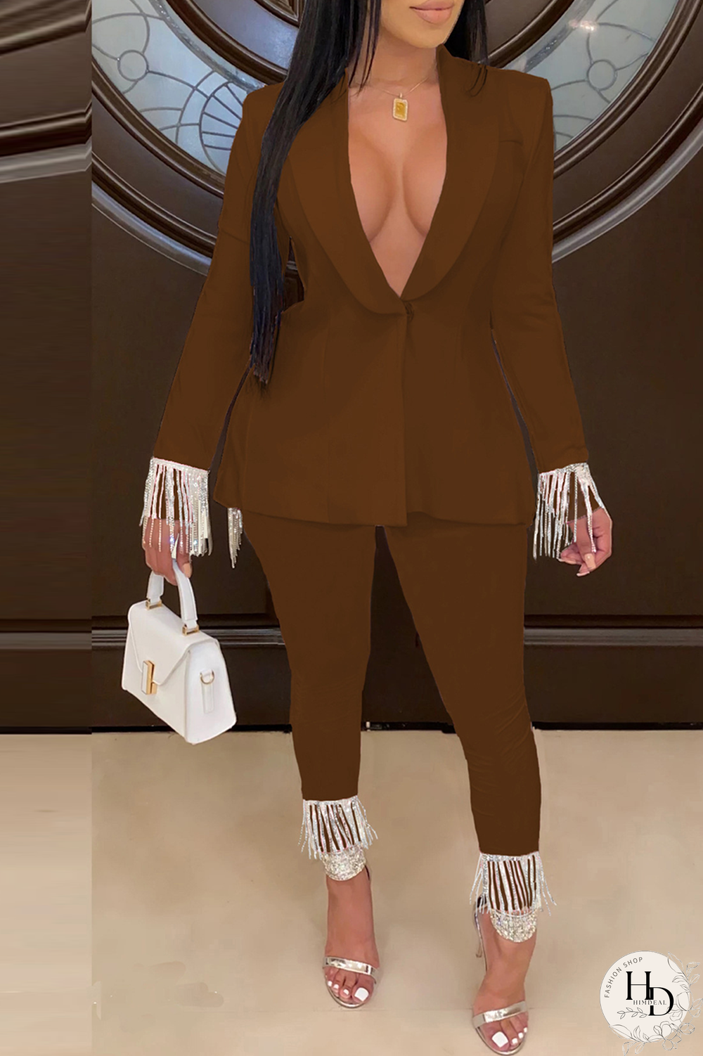 White Fashion Solid Tassel Turndown Collar Long Sleeve Two Pieces