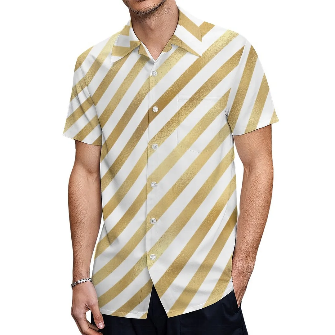 Short Sleeve Diagonal Gold Stripes Hawaiian Shirt Mens Button Down Plus Size Tropical Hawaii Beach Shirts