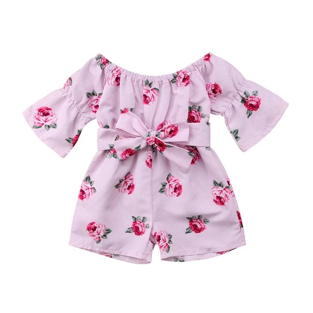  Spring Summer Baby Girls Rompers Baby Girl Clothes Floral Belt Three Quarter Cotton Jumpsuit 