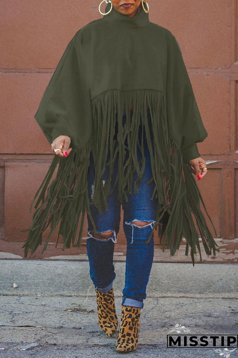Burgundy Fashion Vintage Solid Tassel Turtleneck Plus Size Overcoat