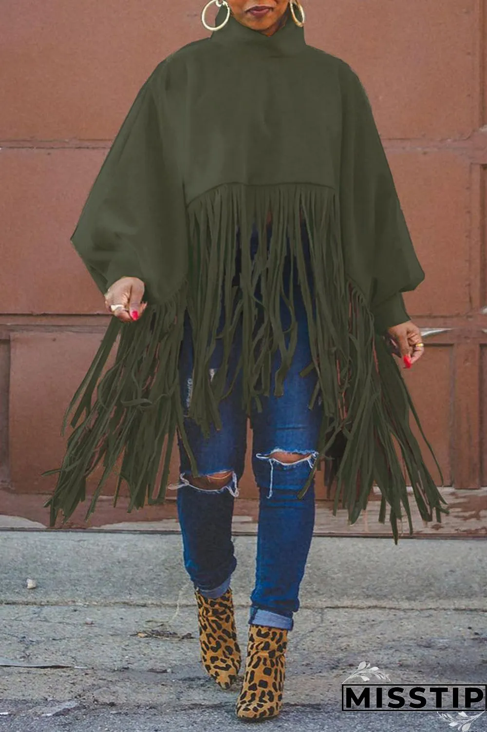 Burgundy Fashion Vintage Solid Tassel Turtleneck Plus Size Overcoat