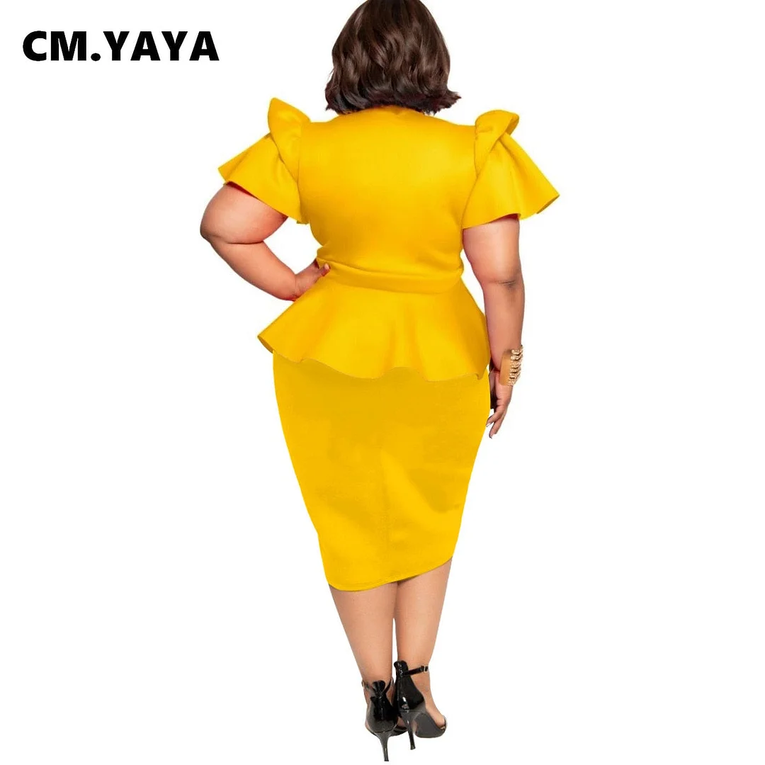 CM.YAYA Women Dress Plus Size Solid Short Sleeve Ruffles V-neck Sheath Elastic Mid Calf Pencil Dresses Office Lady Fashion Dress