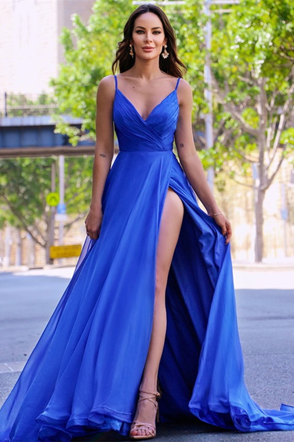 Miabek V-Neck Royal Blue Prom Dress With Slit