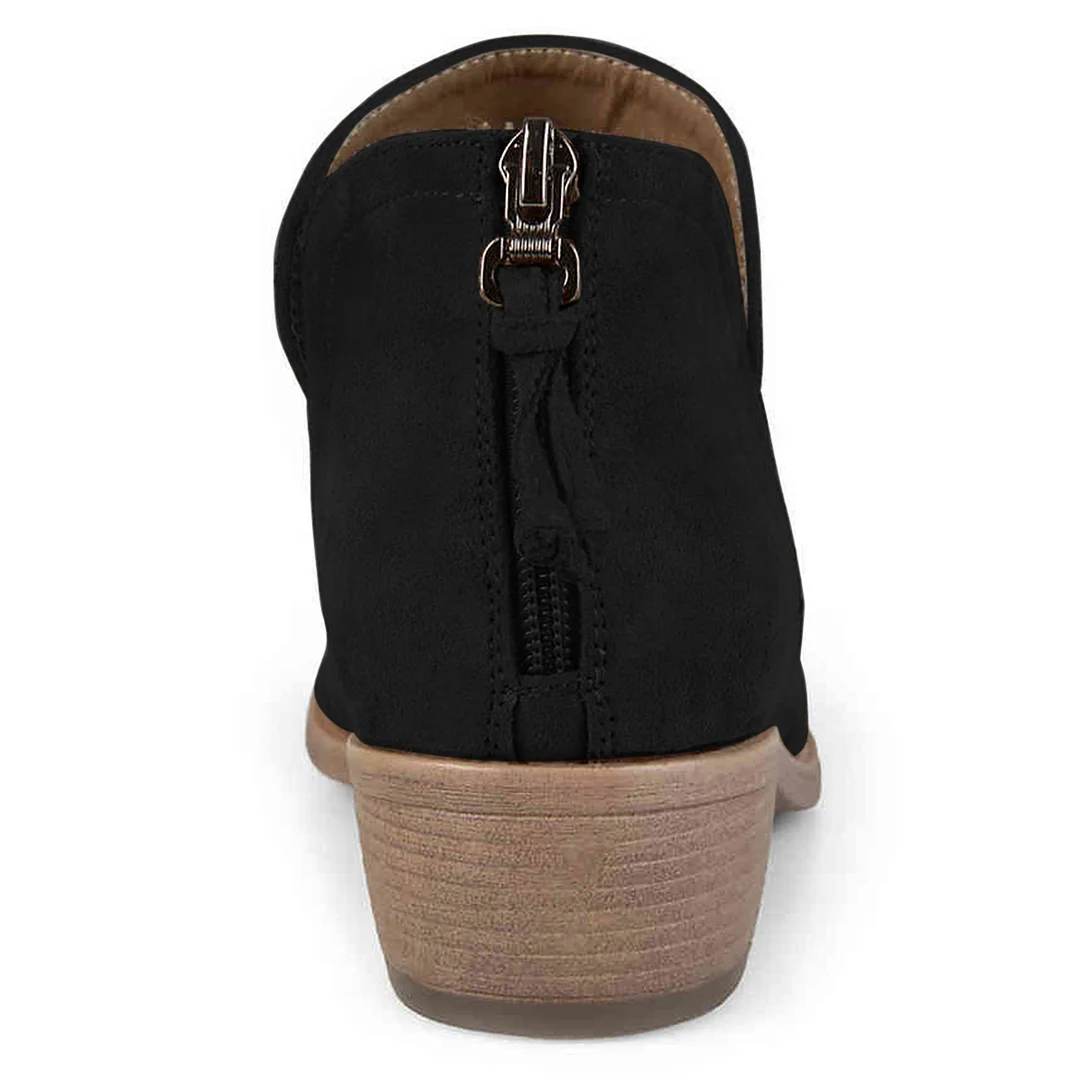 Black Faux Suede Round Toe Back-Zip Comfy Block Heel Ankle Boots