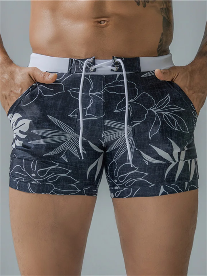 Men's Four-inch Boxer Briefs with Print Swim Trunks Swimming Trunks Beach Shor-JRSEE