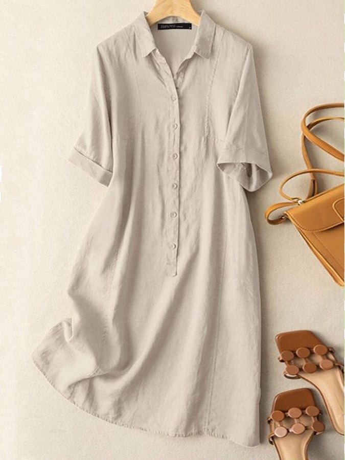 Women's Solid Color Cotton and Linen Button Up Shirt Skirt