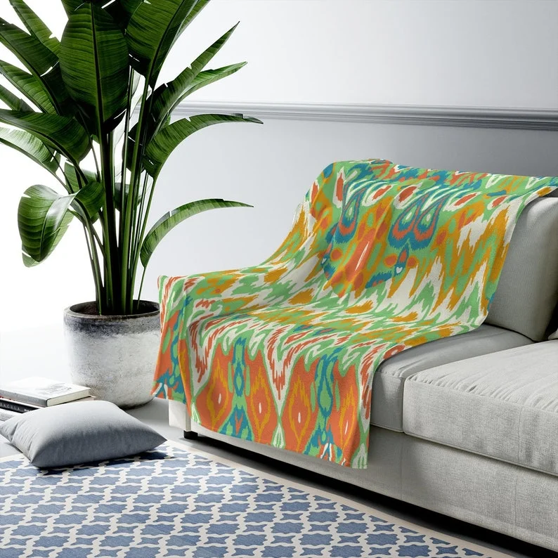 Mid Century Modern Abstract Green, Blue, Mustard And Orange Aztec Retro MCM Home Decor THIN Velveteen Plush Blanket