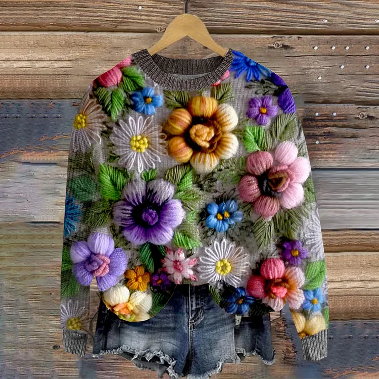 VChics Colorful Flowers Embroidery Art  Knit Sweater