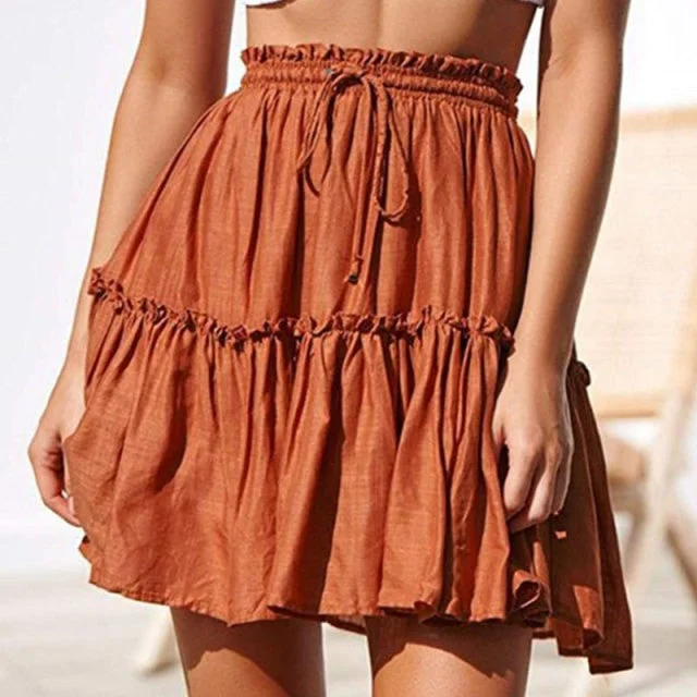 Summer Short Skirts Women Vintage Ruffled Mini Skirt with Sashes