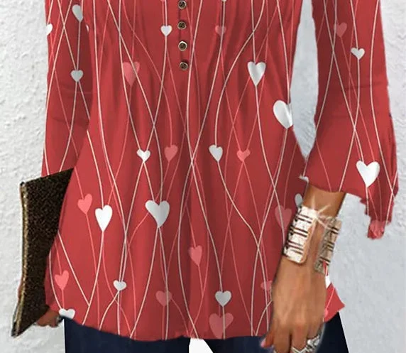 Women Long Sleeve V-neck Heart Printed Stitching Tops