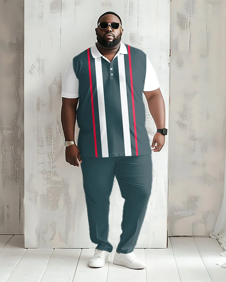 Men's Plus Size Light Business Simple Colorblock Striped Polo Shirt Trousers Suit