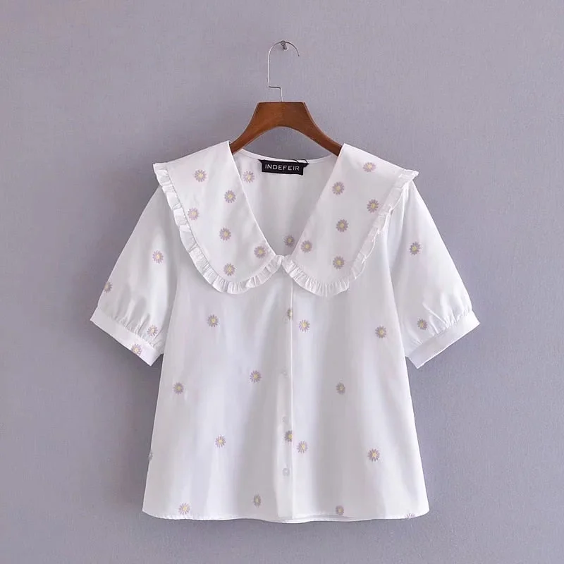 Za Women's Shirts Embroidery Blouses Sweet Floral Shirt Mujer Blusas Short Sleeve Femme Top Girl Korean Peter Pan Collar Vintage
