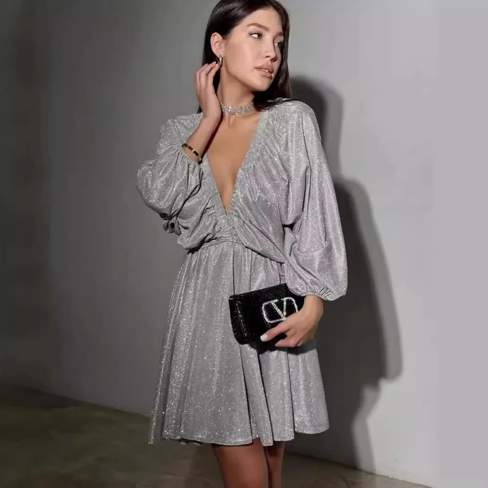 Nigikala Nigikala Spring Design V-Neck Dress French Solid Color Sexy Short Dress Woman