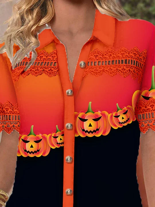 Women Short Sleeve V-neck Pumpkin Printed Graphic Lace Hollow Stitching Button Tops