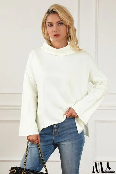 Slit Mock Neck Dropped Shoulder Sweater