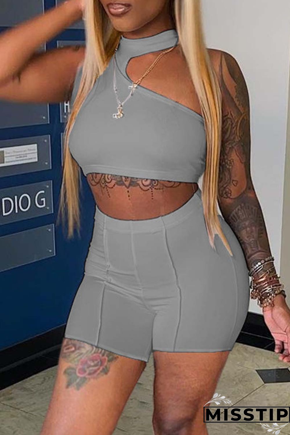 Orange Sexy Casual Solid Hollowed Out Half A Turtleneck Sleeveless Two Pieces