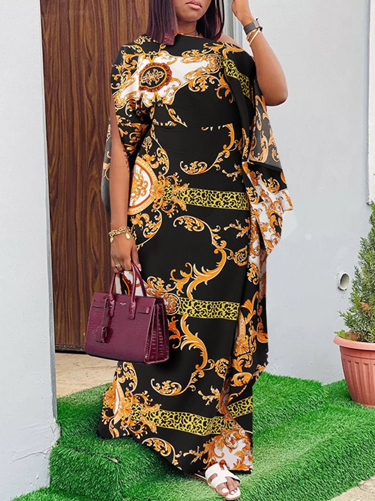 Print Crew Neck Long Sleeves High Waist A Swing Women's Dress　SKUI84885 QueenFunky